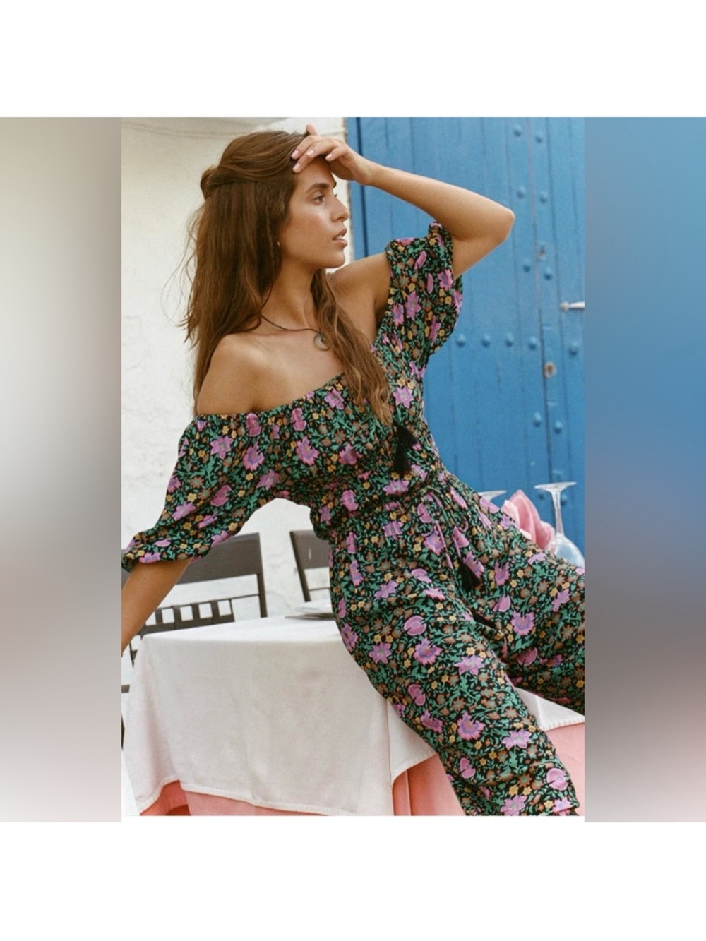 Spell Off-Shoulder Floral Jumpsuit in Green and Purple - Picture 4 of 4